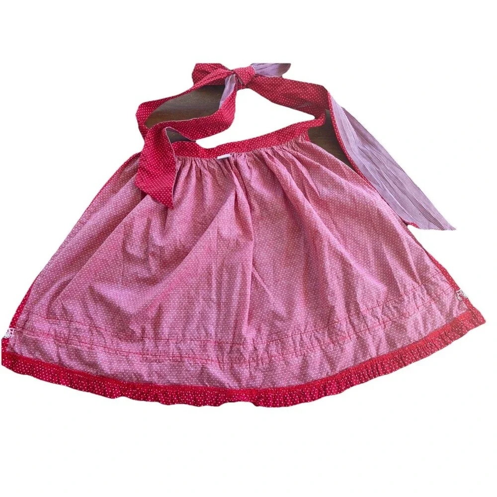 Vintage Red Polka Dot Prairie Apron Lace Trim Cottagecore Farmhouse Hostess